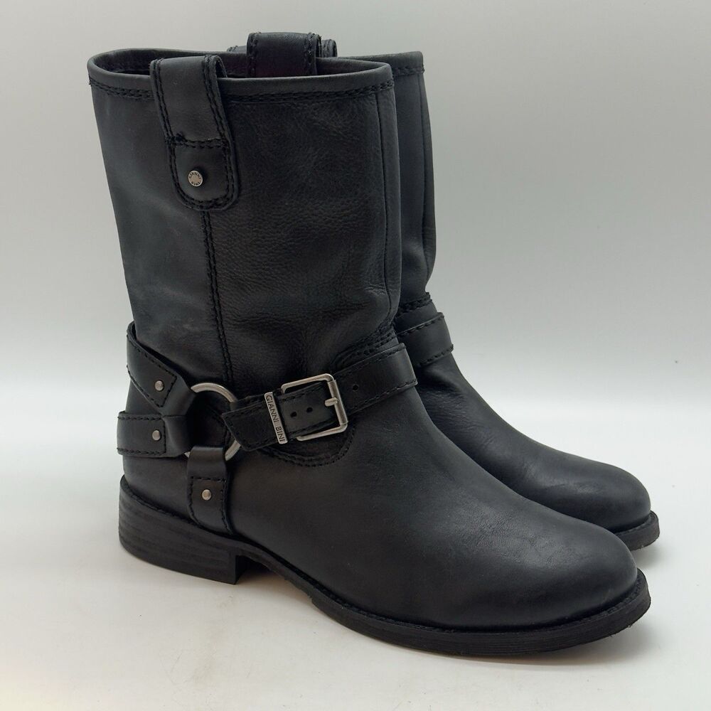 Gianni Bini Biker Moto Harness Boots Women's 8 Black Leather Pull On 8" Shaft